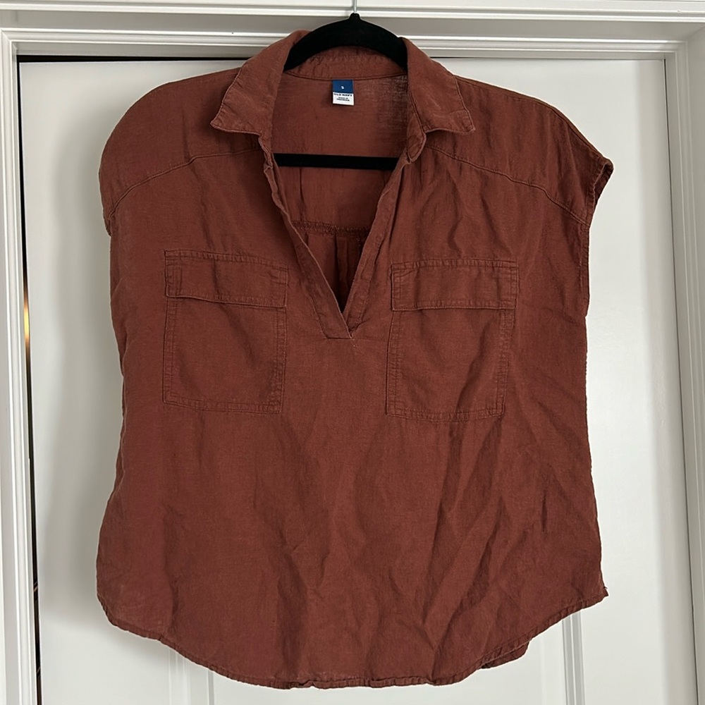Rust Color Pocket V Neck Blouse
